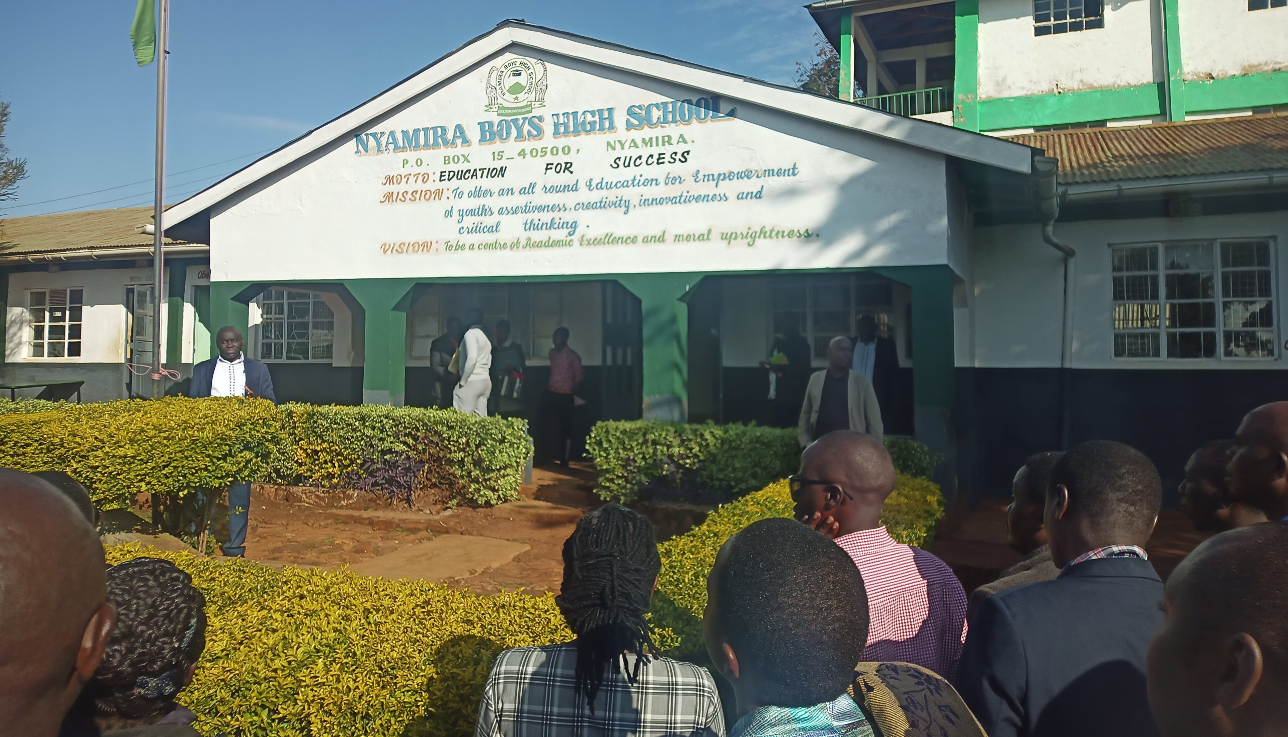 Nyamira County TSC Director Dr Eric Magak when he addressed teachers who had turned up for the Promotion interviews.
