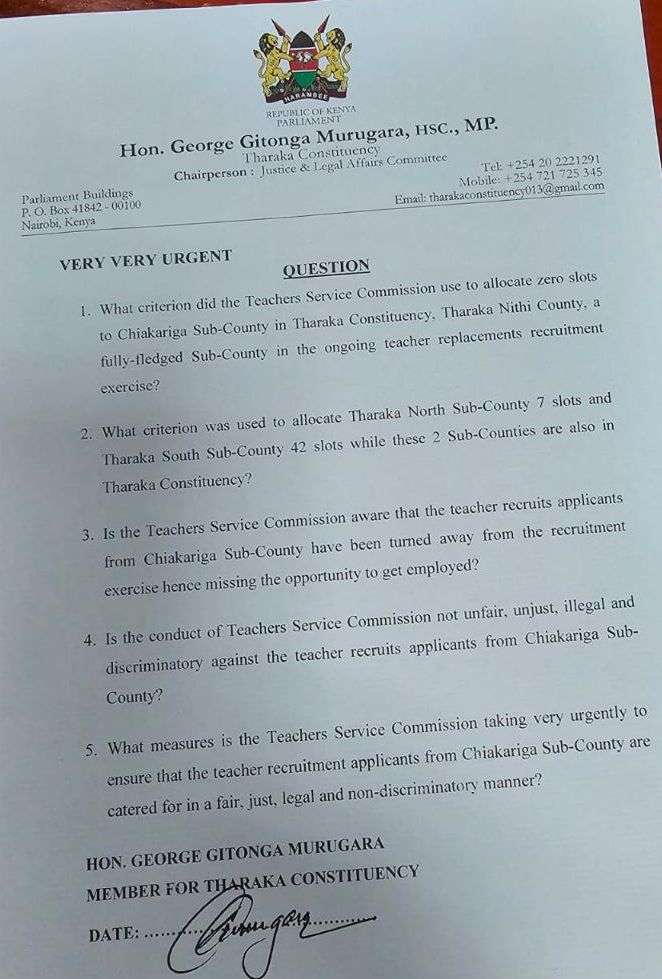 Recruitment of teachers by TSC questioned as MP criticizes distribution of slots 2 Recruitment of teachers by TSC questioned as MP criticizes distribution of slots