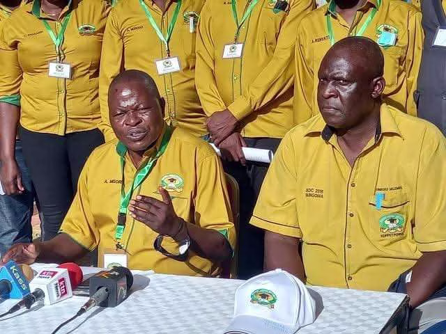 The Kenya Union of Post -Primary Education Teachers, KUPPET, National Leaders at a past Press Briefing. At the left of this photo is Akello Misori who is the Secretary General and National Chairman Omboko Milemba (right).