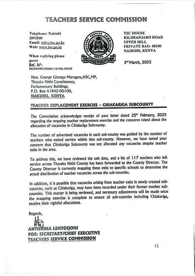 Shocker as TSC revokes employment letters for recently employed Teachers 2 Communication from TSC on revocation of the employment letters.