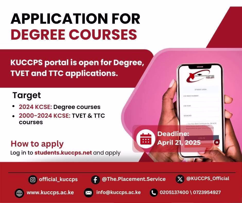 KUCCPS Opens 2025 Portal for Degree, Teaching and TVET Courses: How to Apply 1 Kuccps officially opens portal for applications by KCSE 2024 Candidates