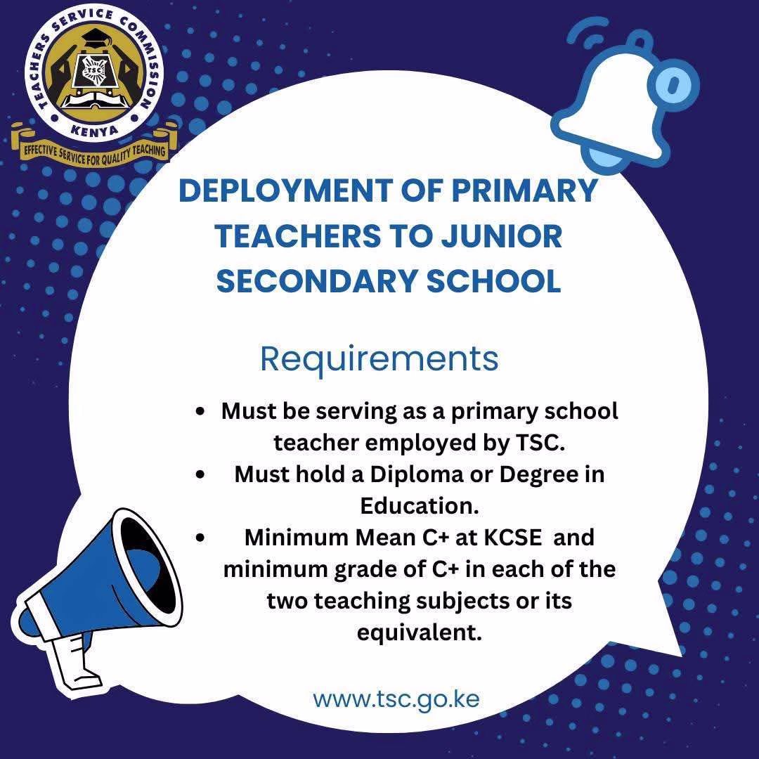 Latest TSC Qualifications Requirements for Junior and Senior School Teachers in Kenya 1 Latest TSC registration, Deployment and recruitment requirements for Diploma and Graduate Teachers in Kenya.