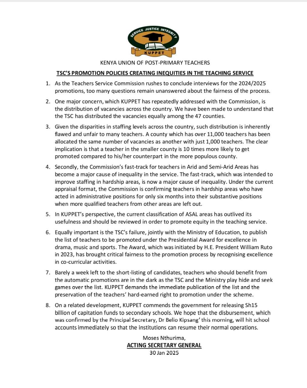 TSC Under Fire as Teachers' Union Demands Immediate Suspension of Promotions 3 Kuppet's press statement against the current 'fraudulent' promotions.