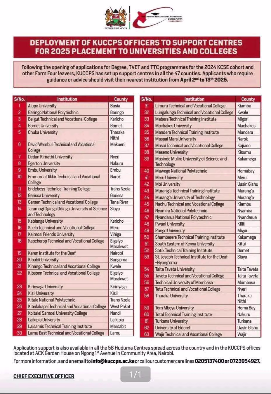 KUCCPS Announces 63 Placement Support Centers