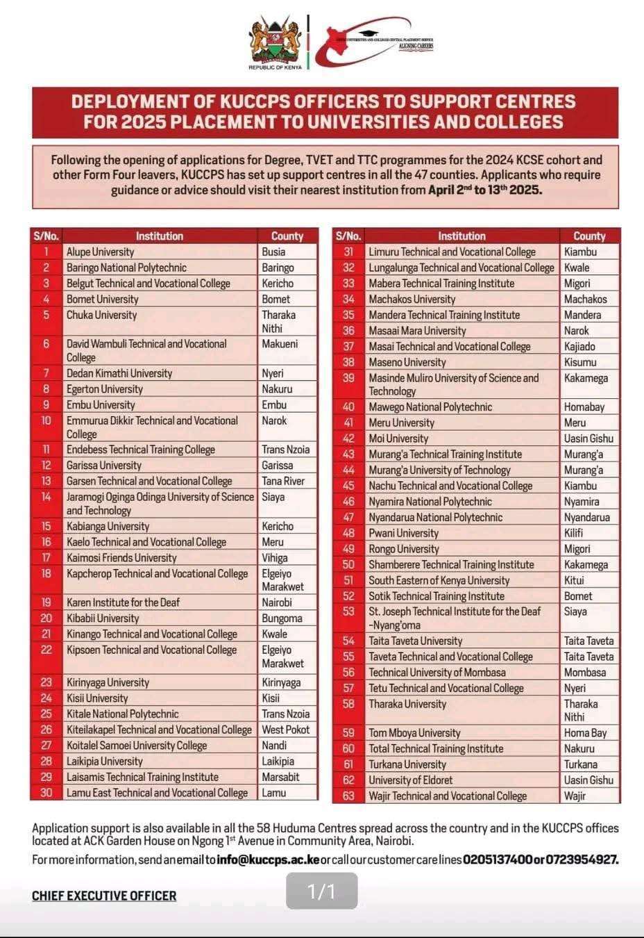 KUCCPS Announces 63 Placement Support Centers 2 KUCCPS Announces 63 Placement Support Centers