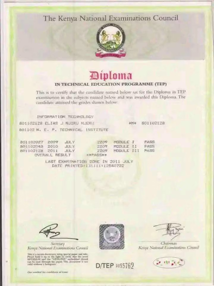 KNEC Releases Last Year's TVET Exam Certificates for Collection 1 A TVET Certificate from the Kenya National Examinations Council, Knec