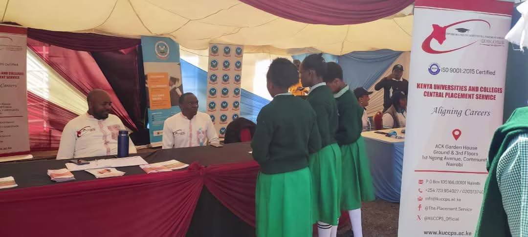 Secondary School Students getting tips from the Kenya Universities and Colleges Central Placement Service (KUCCPS) on placement of students to universities and colleges, inter-institution transfers and the Government Scholarship at a past Meru ASK show.