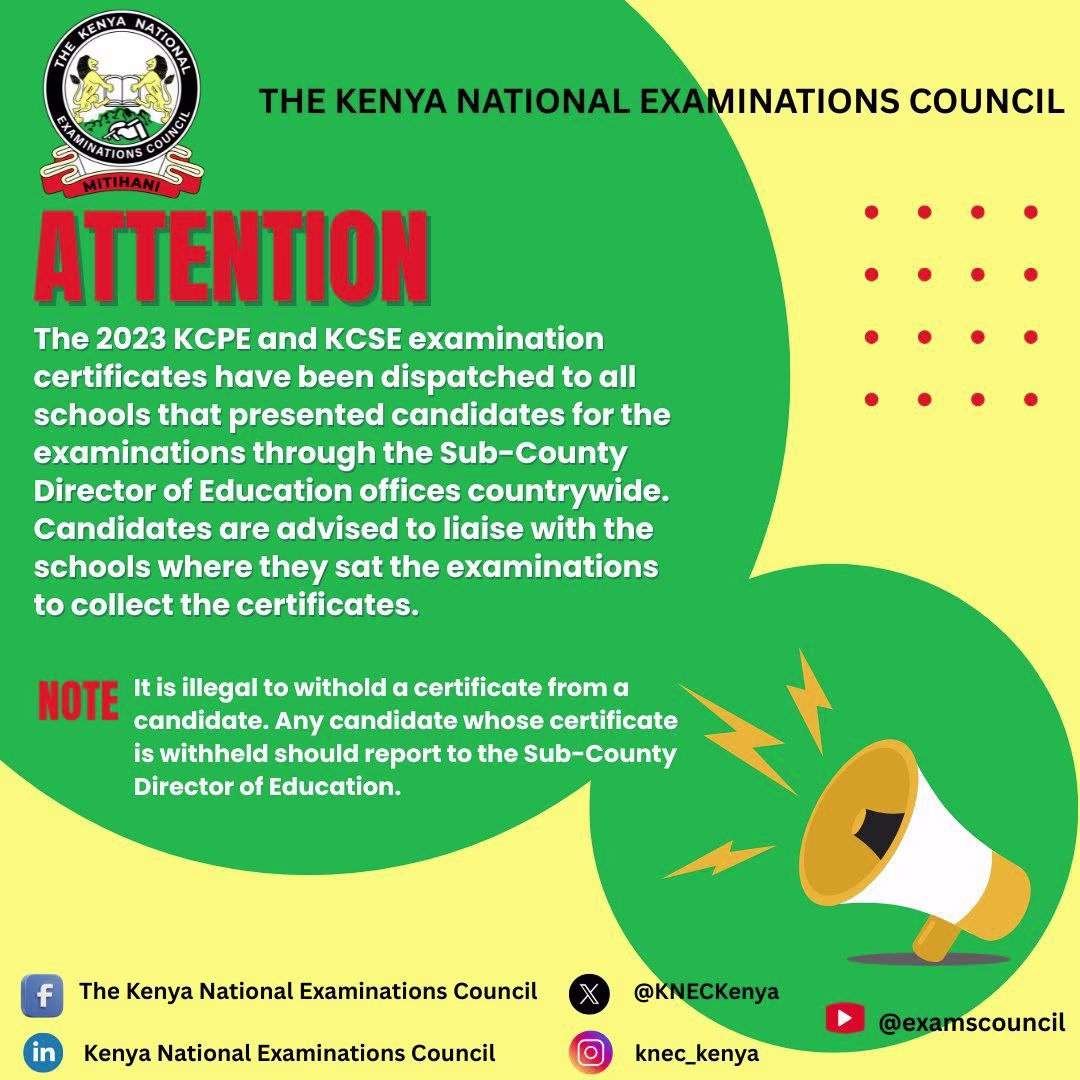 Knec releases 2023 KCSE and KCPE Certificates to Schools