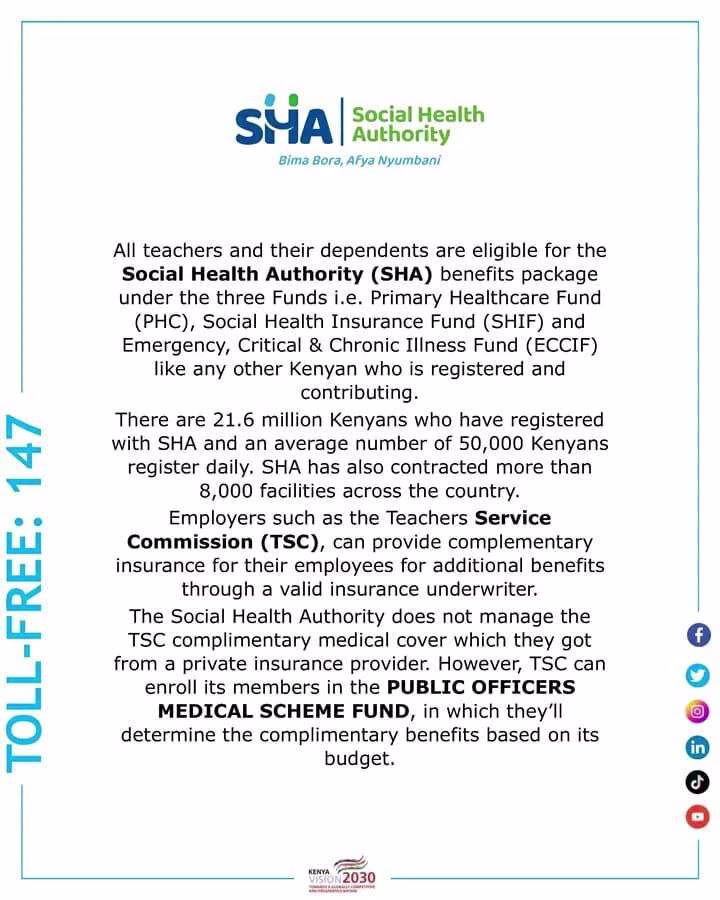SHA Instructs TSC to Terminate Minet Contract for New Teachers’ Medical Cover 1 SHA response to TSC allegations on refusal to onboard Teachers to its medical cover