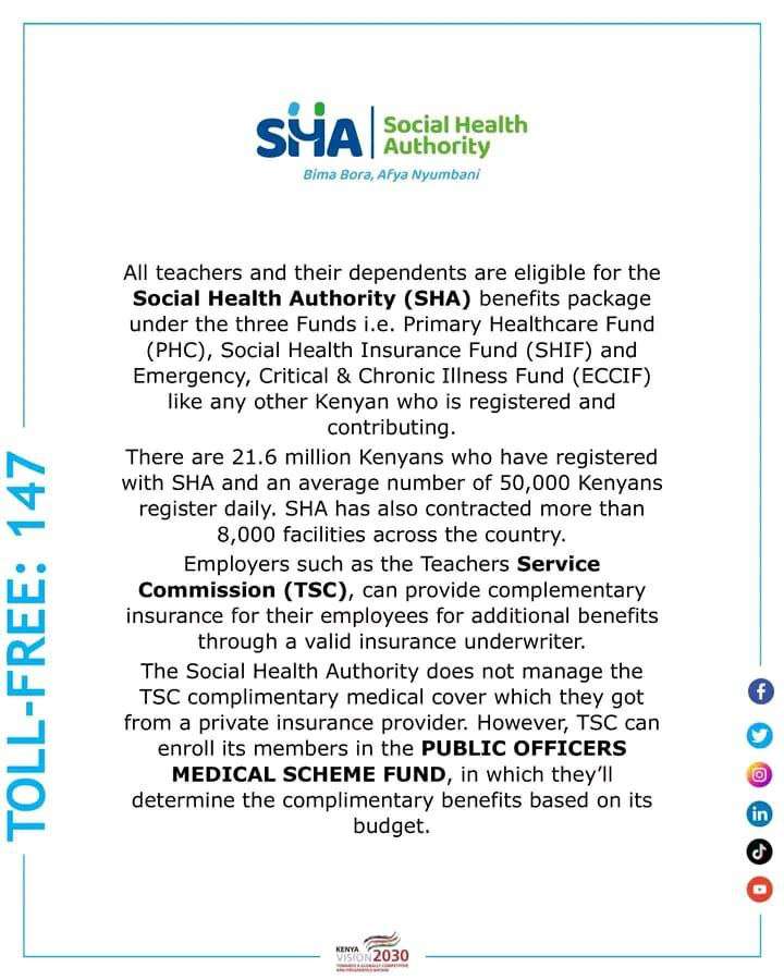 SHA Responds to TSC After Disclosing That All Teachers Nationwide Were Locked Out 2 SHA response to TSC allegations on refusal to onboard Teachers to its medical cover
