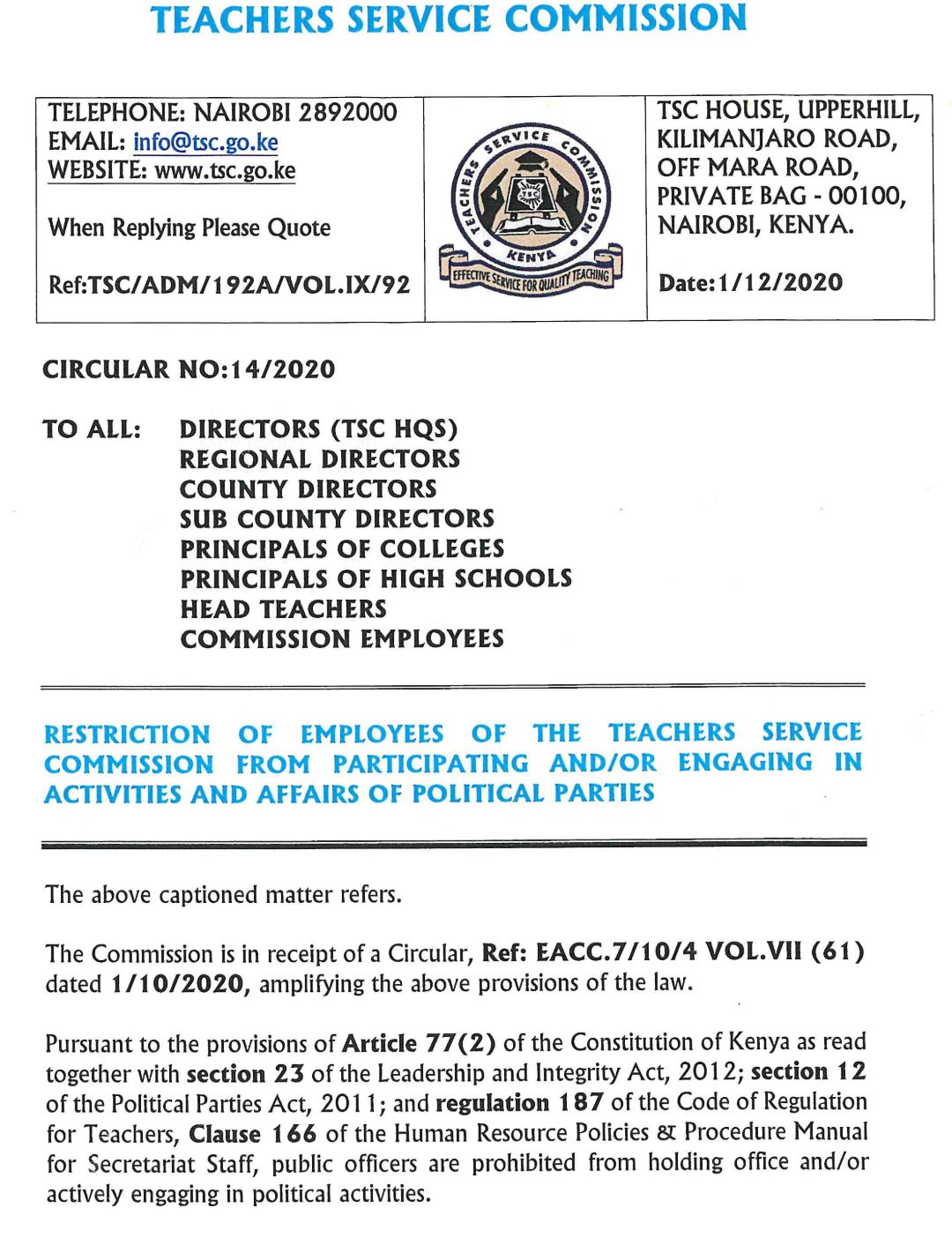 Teachers Seek Leave to Compete for Political Positions in 2027 2 A TSC Circular restricting teachers from participating in Political activities.