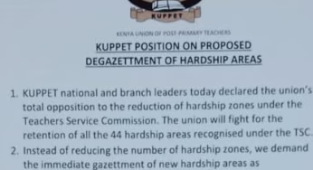 Kuppet Memo demanding for immediate gazettment of new TSC hardship areas; as recommended by Parliament.