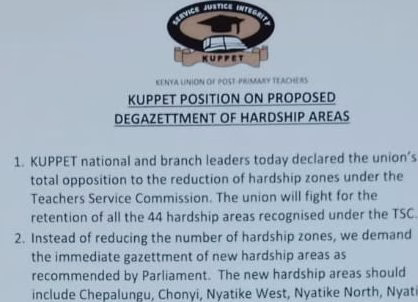 Kuppet Memo demanding for immediate gazettment of new TSC hardship areas; as recommended by Parliament. 1 Kuppet Memo demanding for immediate gazettment of new TSC hardship areas; as recommended by Parliament.