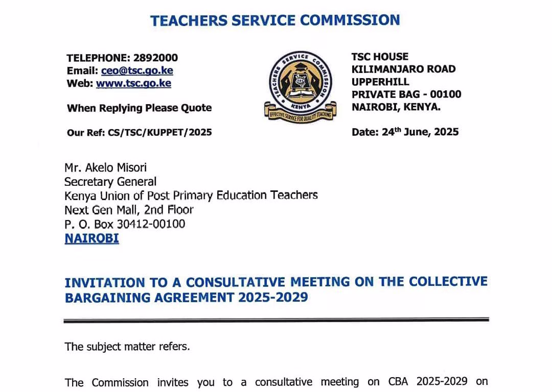 TSC invites Teachers' Unions for 2025-2029 CBA Talks 1 TSC invite to teachers' unions for 2025-2029 CBA talks.