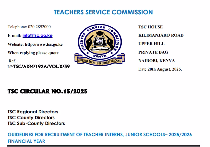 TSC to pay Teacher Interns KSh20,000 per month 1 TSC circular on Guidelines for recruiting junior & senior intern teachers