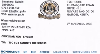 TSC Circular on Nomination of Knec Suprvisors, Invigilators and Centre Managers- 2025.