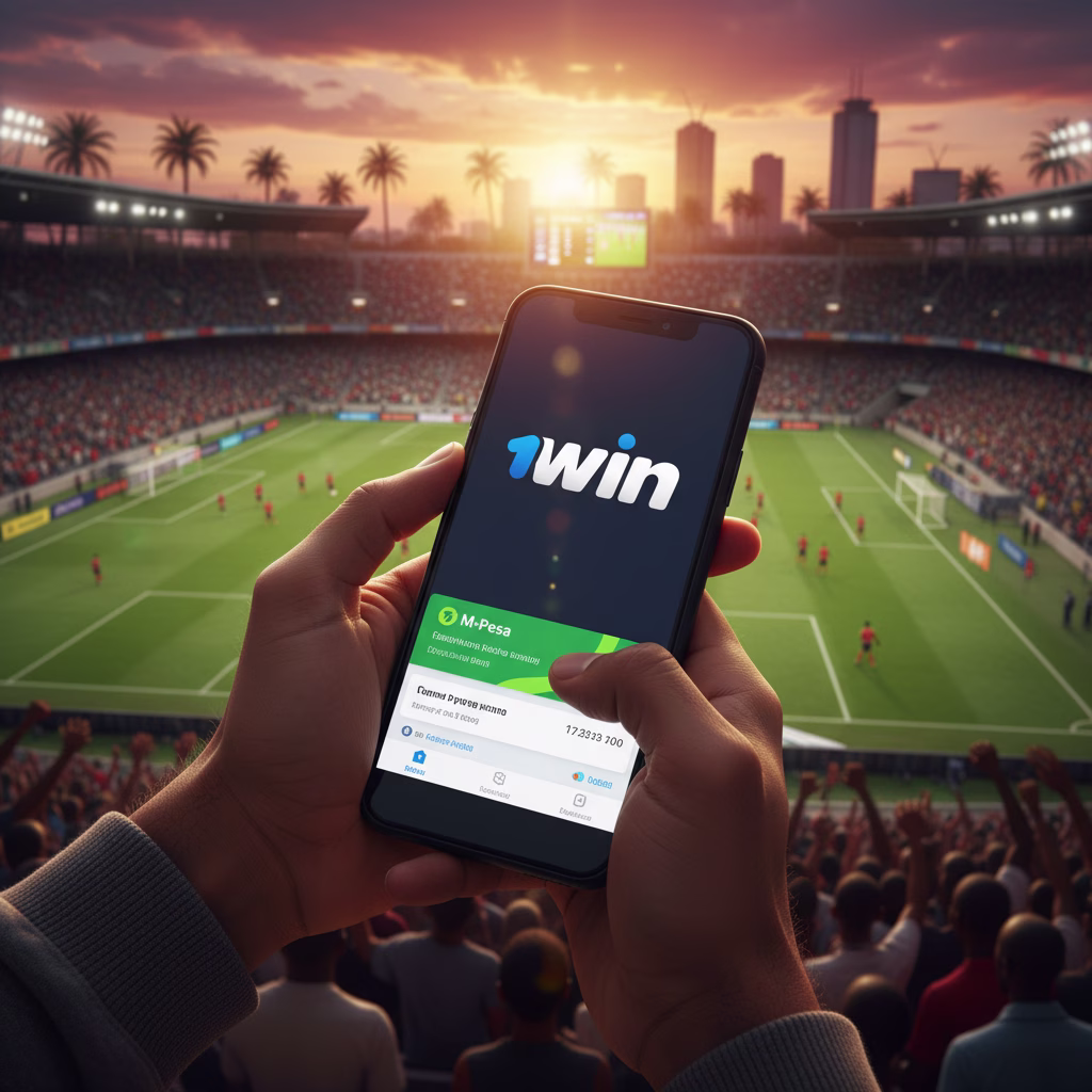 1win Kenya: Your Gateway to Premium Sports Betting and Online Casino Entertainment 1 Kenyan sports bettor using mobile phone for live betting with stadium background