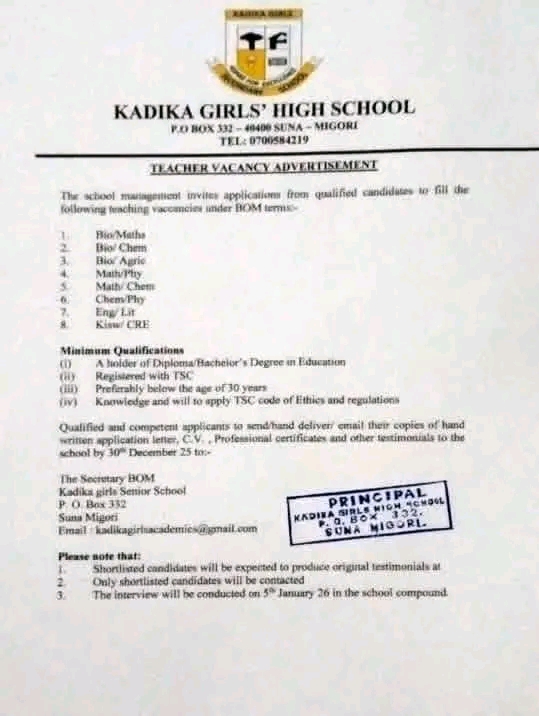 2026 BOM TEACHING VACANCY AT KADIKA GIRLS' HIGH SCHOOL