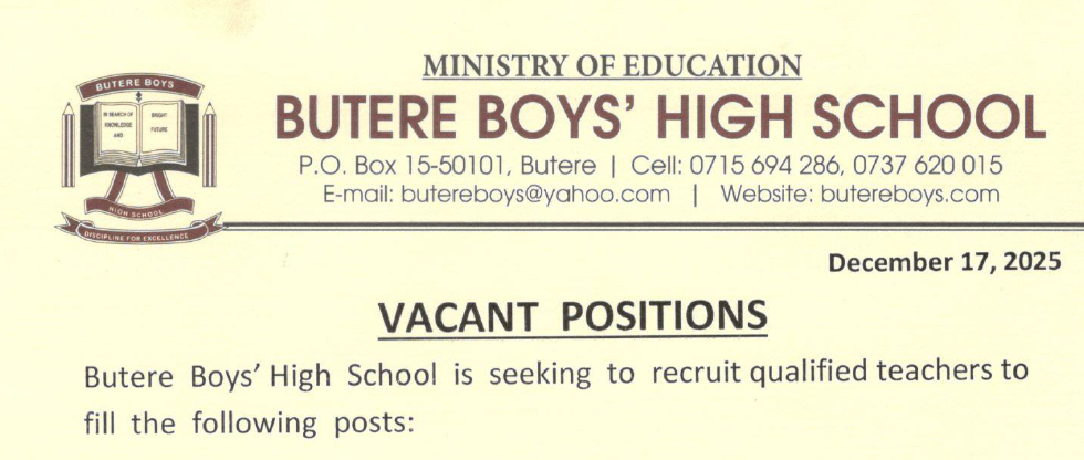 2026 BOM Teaching Vacancies at Butere Boys' High School.