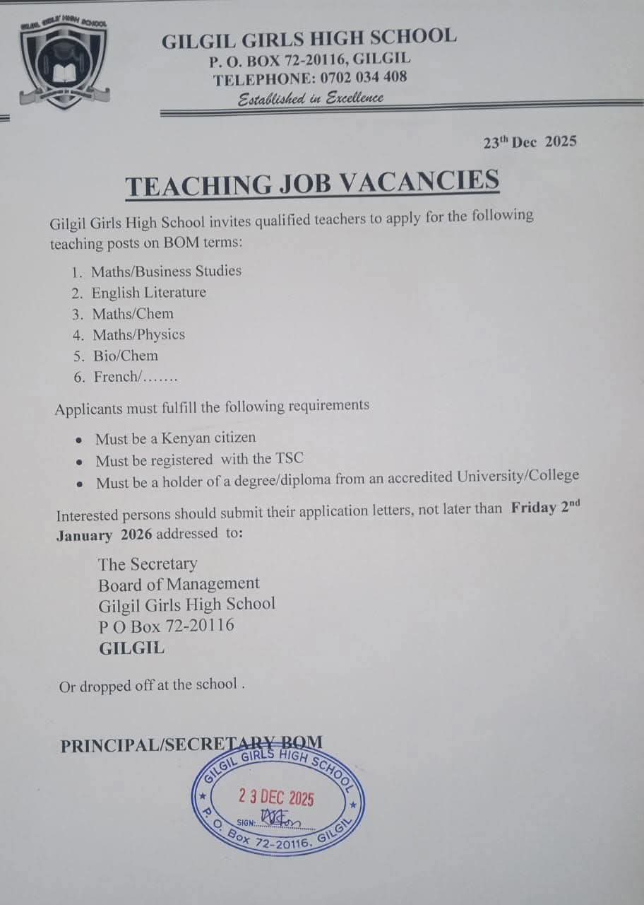 2026 BOM TEACHING VACANCY AT GILGIL GIRLS' HIGH SCHOOL