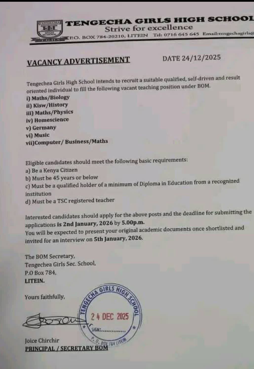 2026 BOM TEACHING VACANCY AT TENGECHA GIRLS' HIGH SCHOOL
