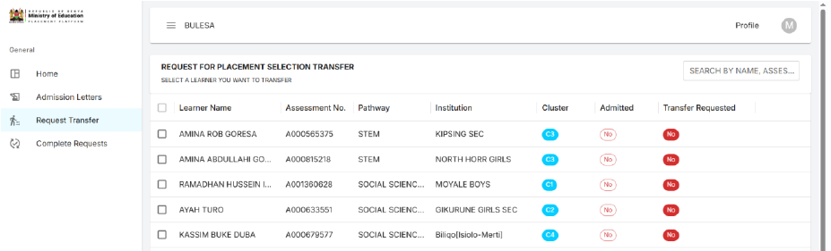 Grade 10 Placement Portal's transfer request page for leaner transfers