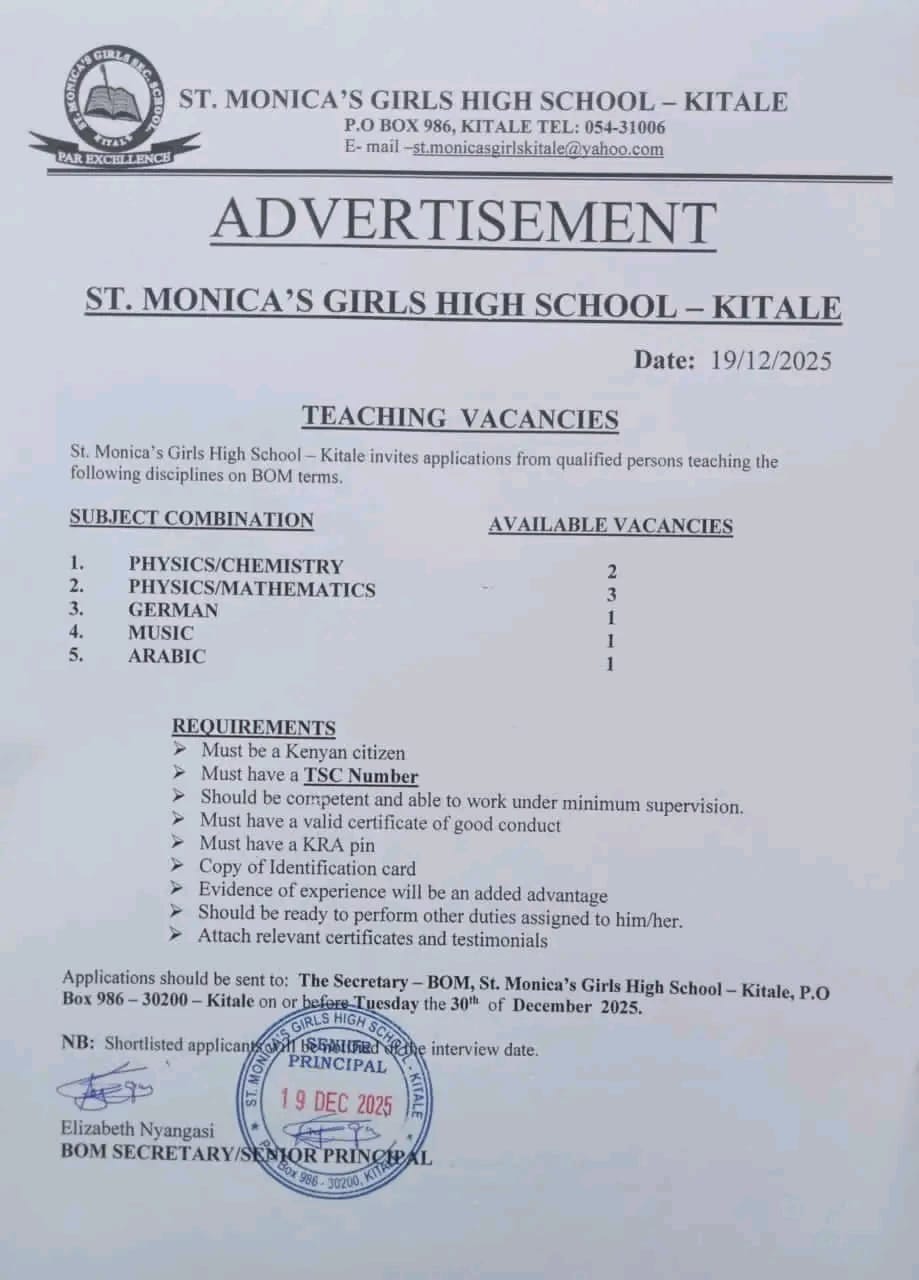 2026 BOM TEACHING VACANCY AT ST. MONICA'S GIRLS' HIGH SCHOOL- KITALE