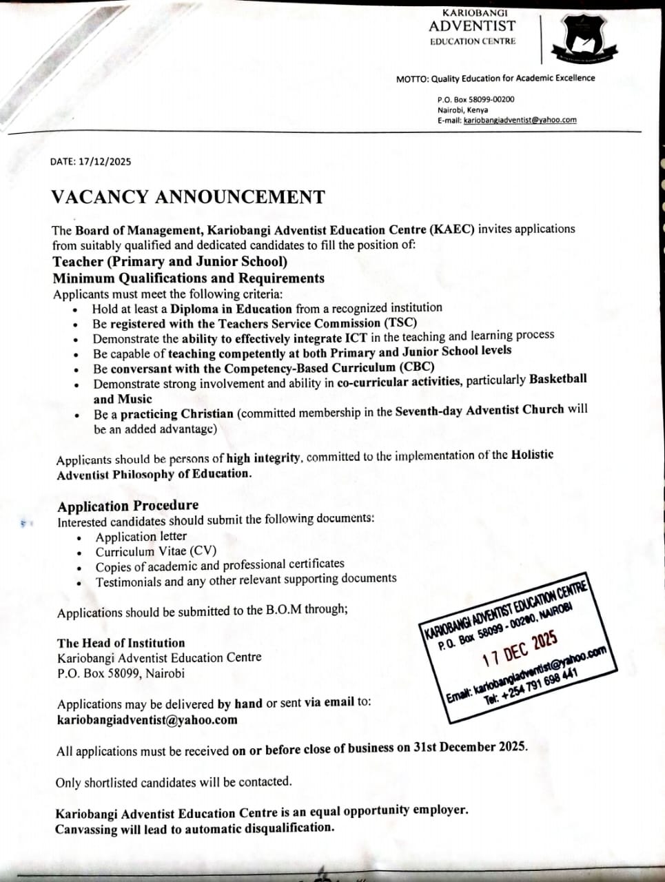 2026 BOM TEACHING VACANCY AT KARIOBANGI ADVENTIST CENTRE