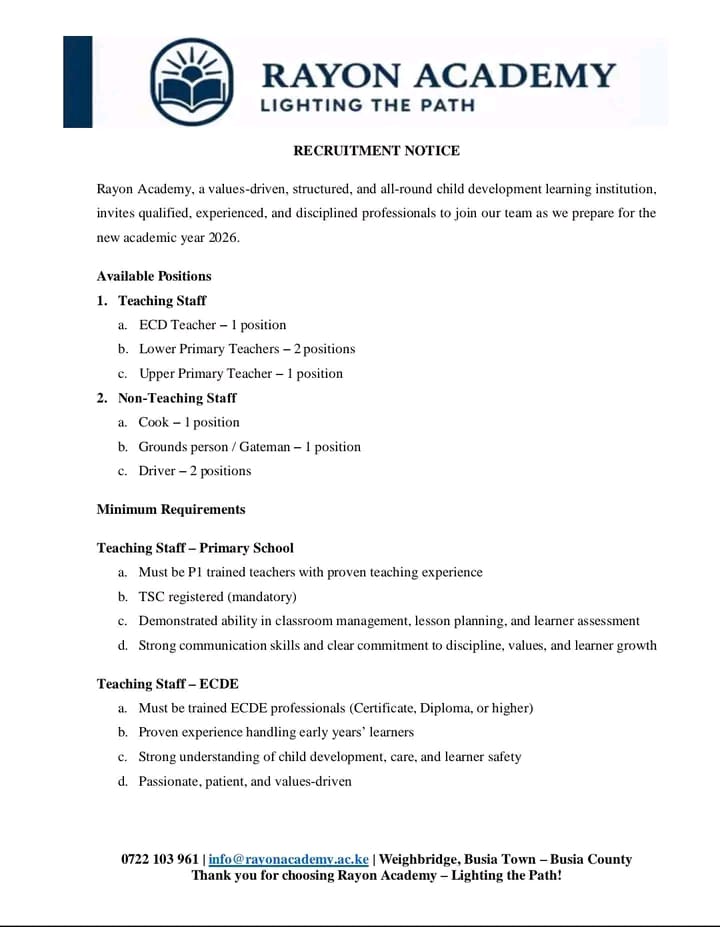 2026 BOM TEACHING VACANCY AT RAYON ACADEMY 