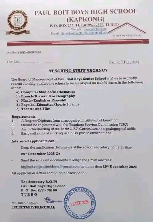 2026 BOM TEACHING VACANCY AT PAUL BOIT BOYS' HIGH SCHOOL.