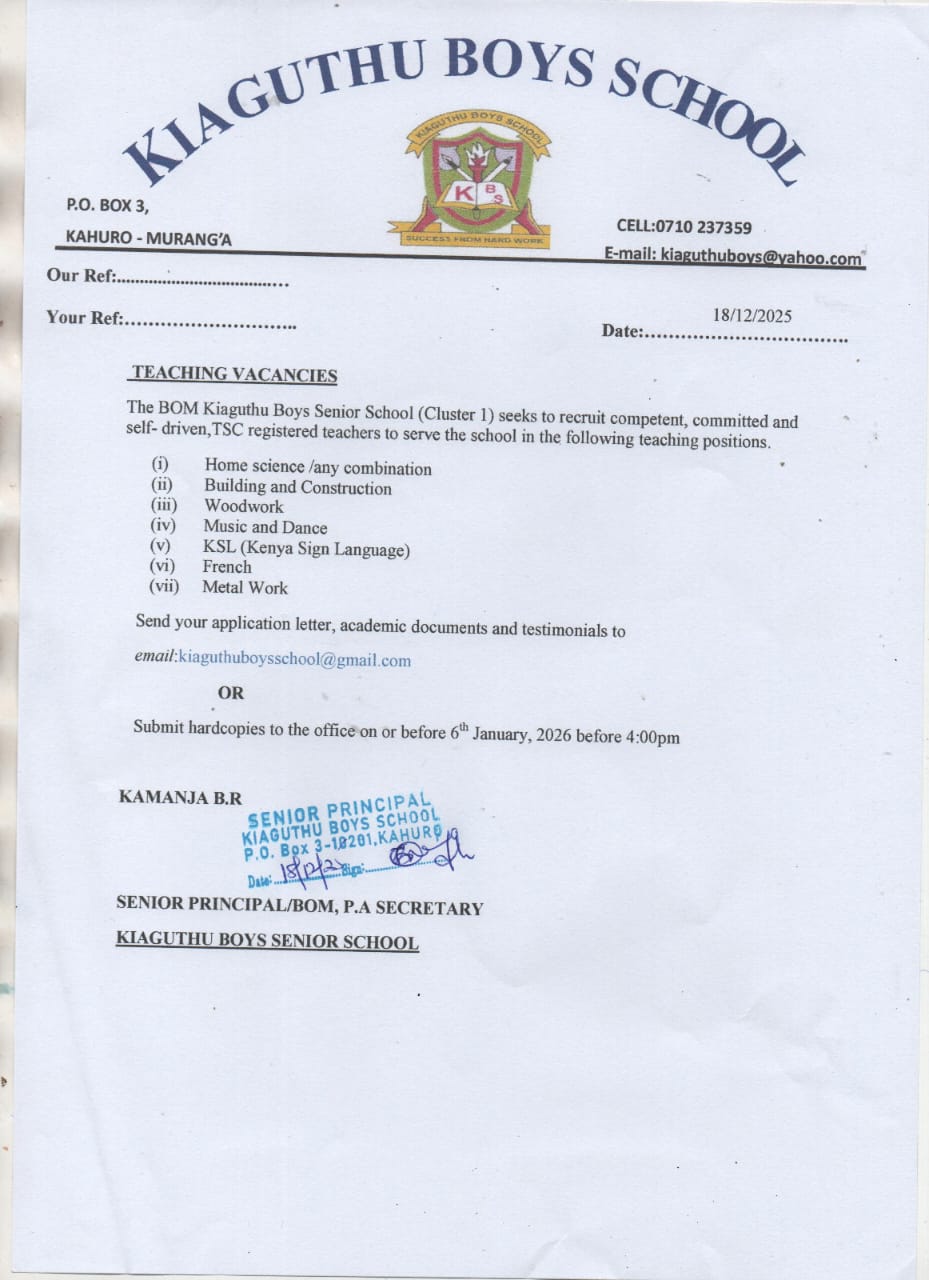 2026 BOM TEACHING VACANCY AT KIAGUTHU BOYS' HIGH SCHOOL