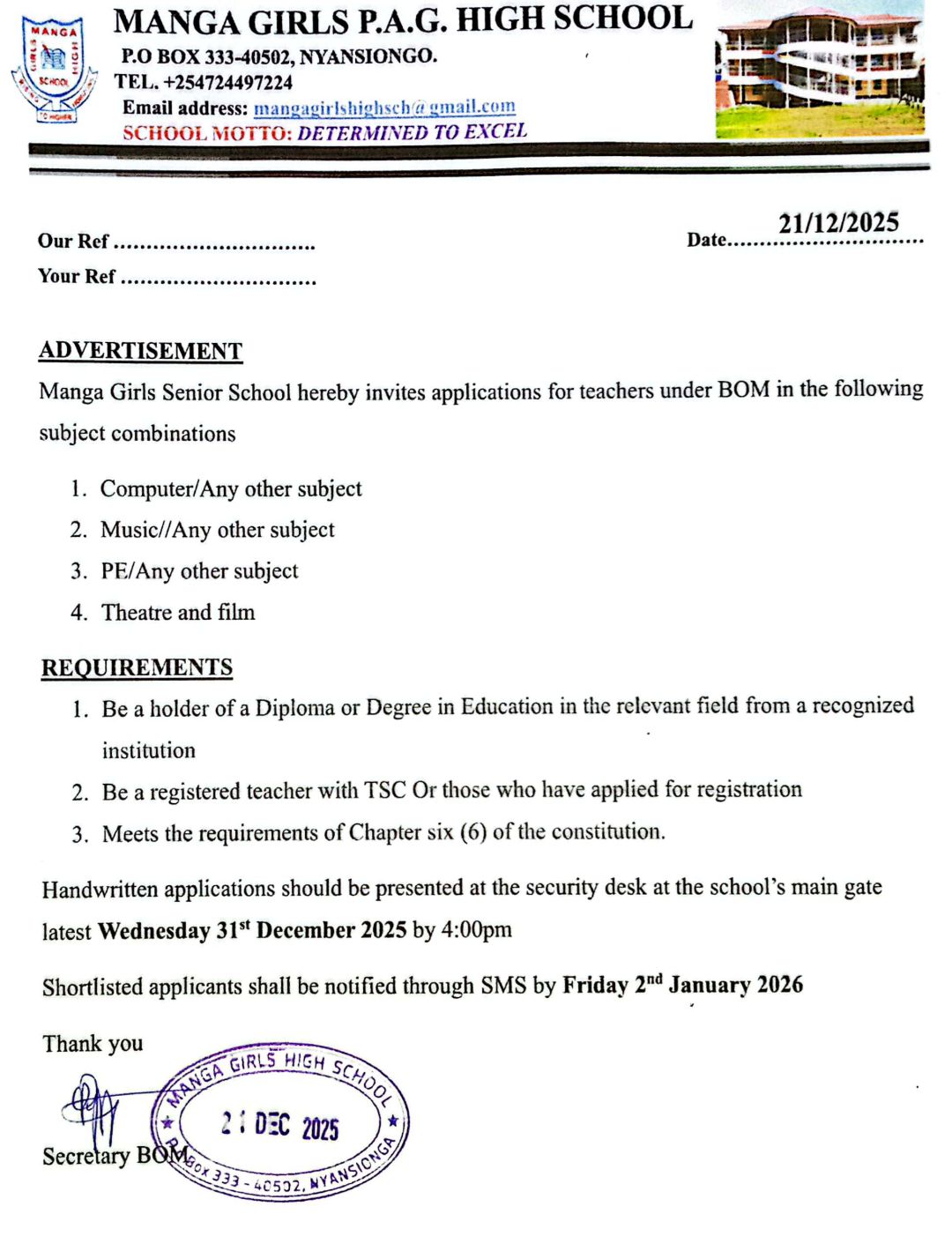 2026 BOM TEACHING VACANCY AT MANGA GIRLS' HIGH SCHOOL