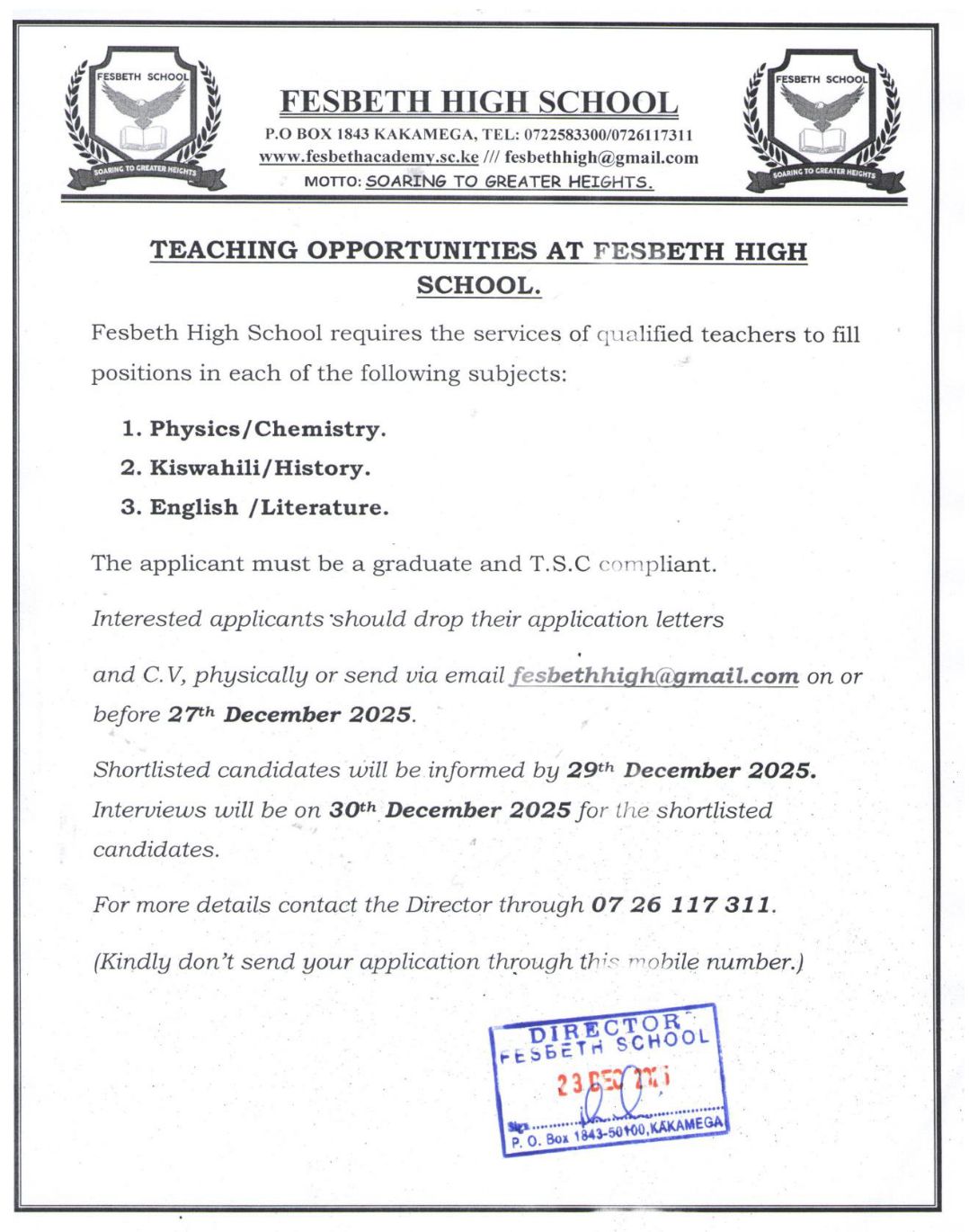 2026 BOM TEACHING VACANCY AT FESBETH HIGH SCHOOL
