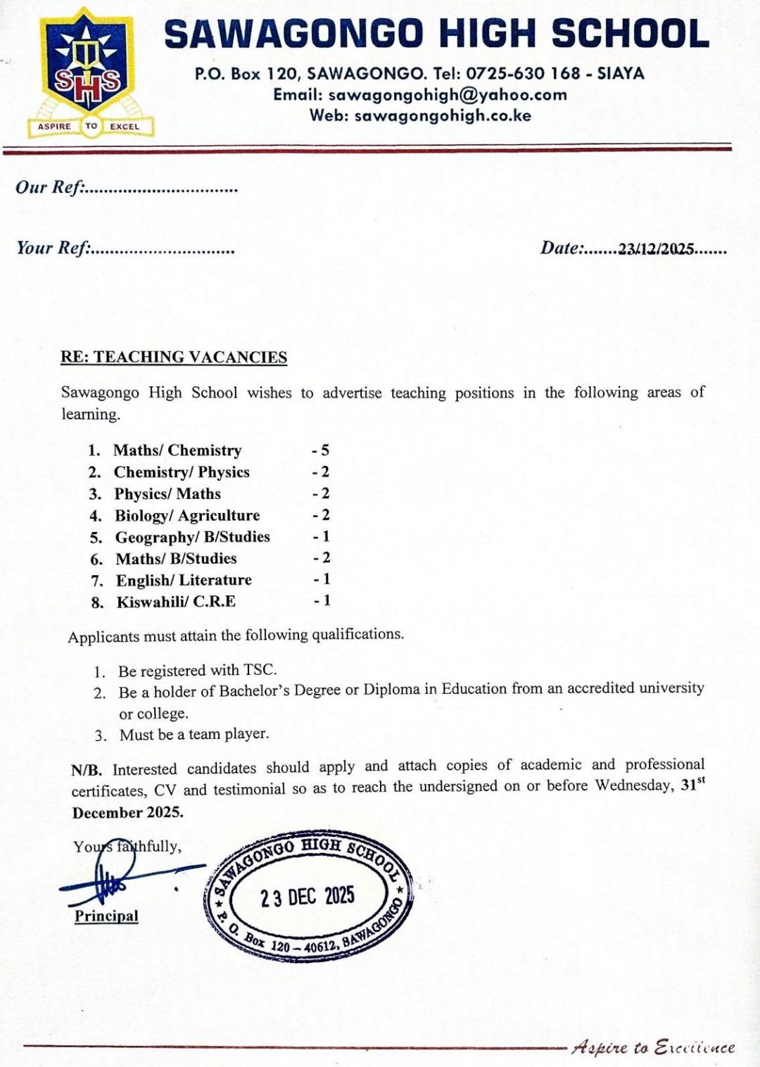 2026 BOM TEACHING VACANCY AT SAWAGONGO BOYS HIGH SCHOOL