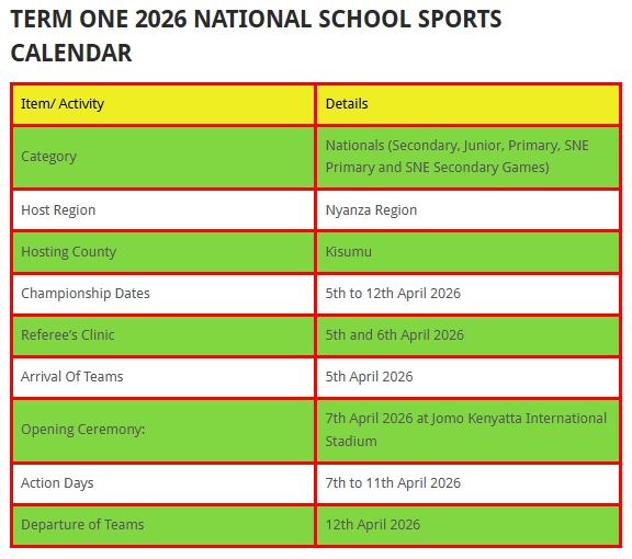 TERM ONE 2026 NATIONAL SCHOOL SPORTS CALENDAR