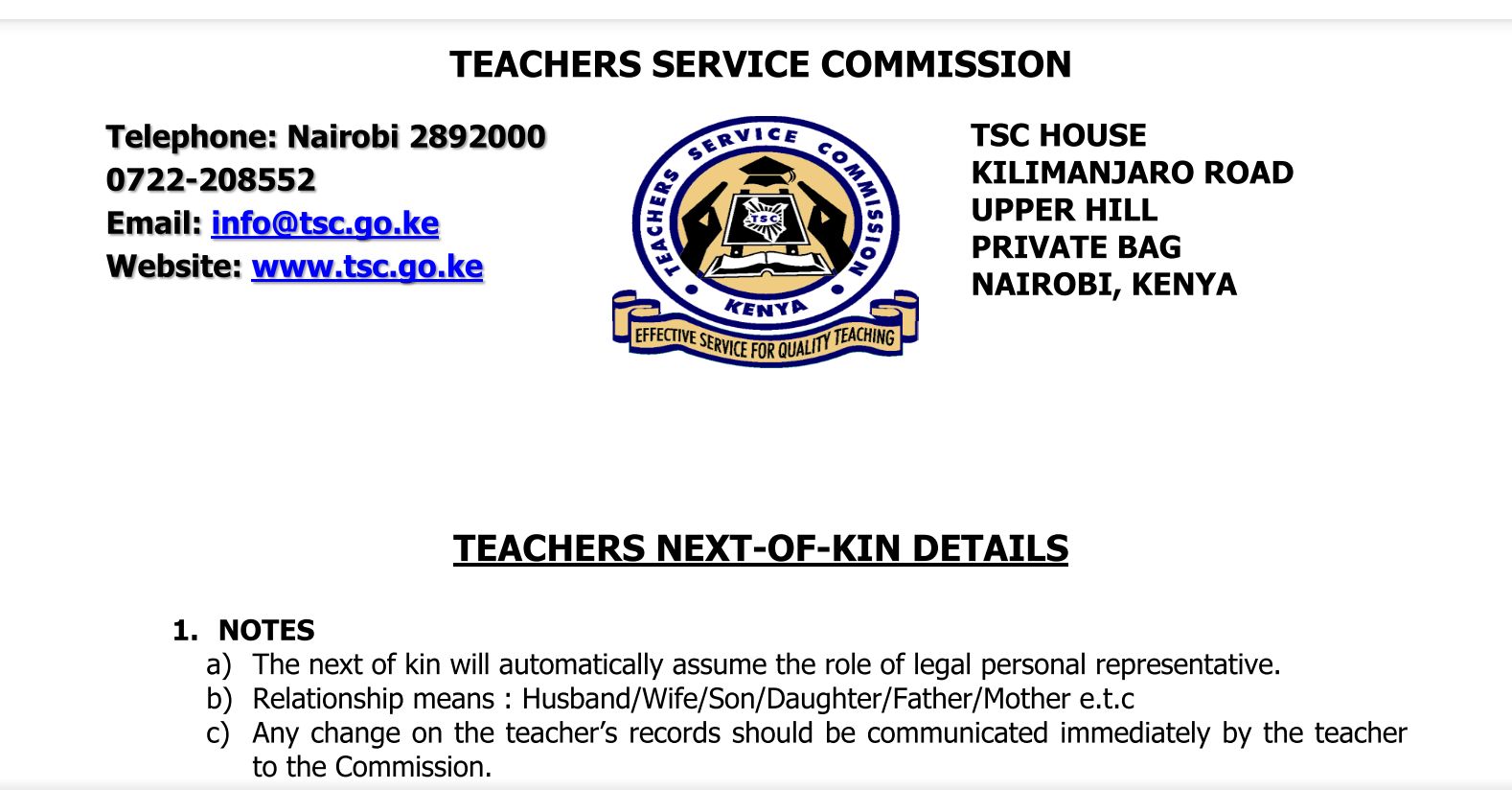 TSC next of Kin Form Free pdf download and filling guide