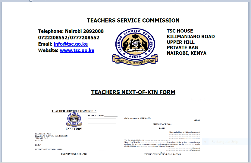 TSC Forms Required During Recruitment: Teachers' Next of Kin Form, GP 69 Medical Examination & Bank Form