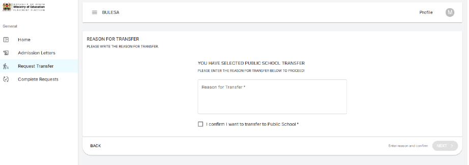 Window for Selecting the grade 10  institution type you wish to transfer to