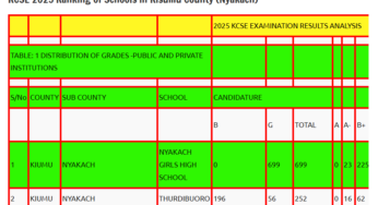 KCSE 2025 Ranking of Schools in Kisumu County (Nyakach)