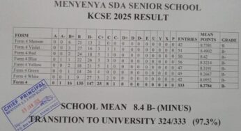 Menyenya SDA High School’s KCSE 2025 Results Analysis & Grade Count