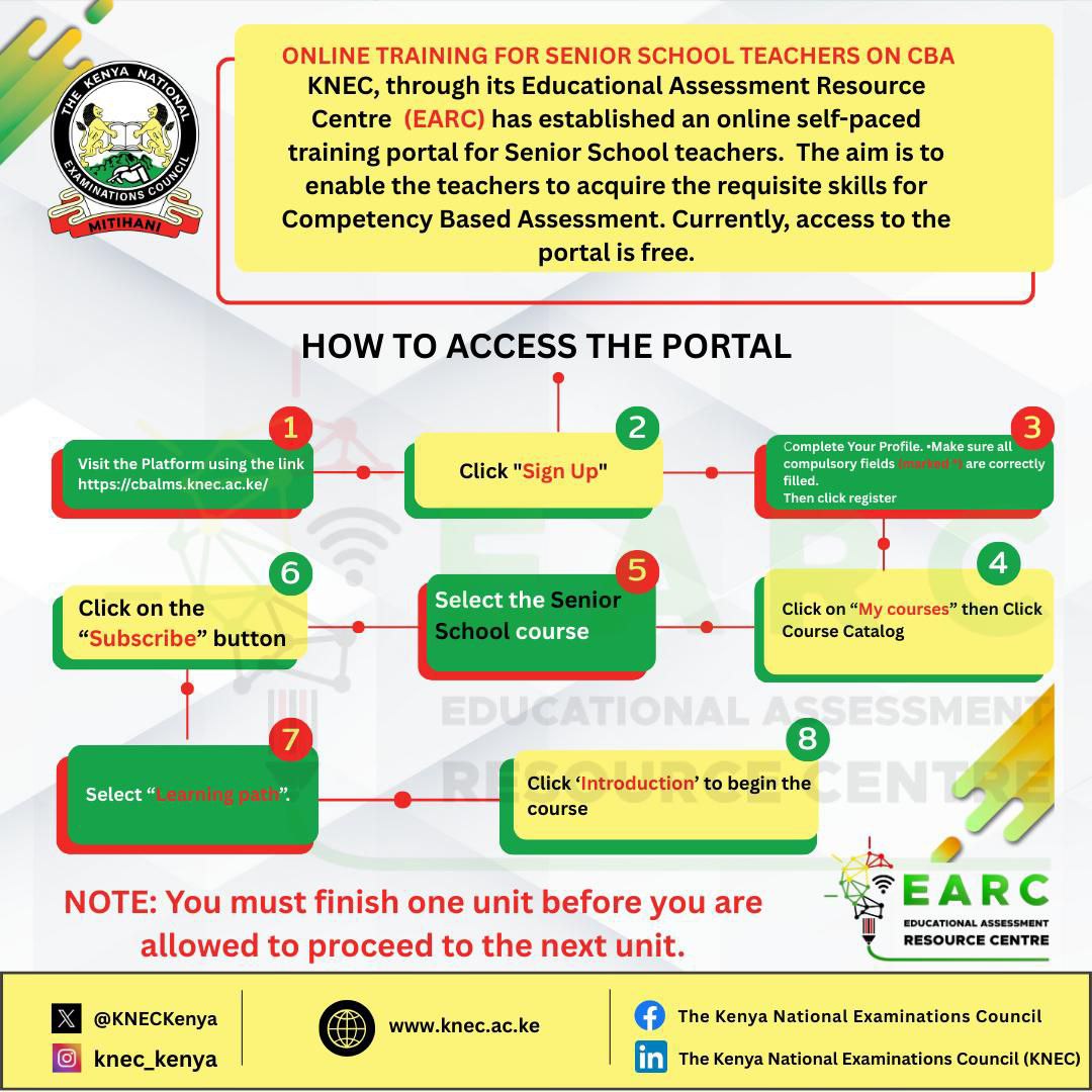 ONLINE TRAINING FOR SENIOR SCHOOL TEACHERS ON CBA {KNEC CIRCULAR}
