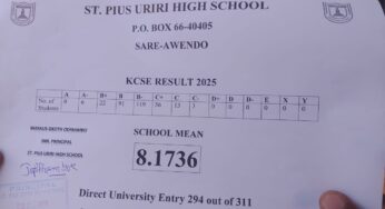 St. Pius Uriri Boys High School’s KCSE 2025 Results Analysis & Grade Count