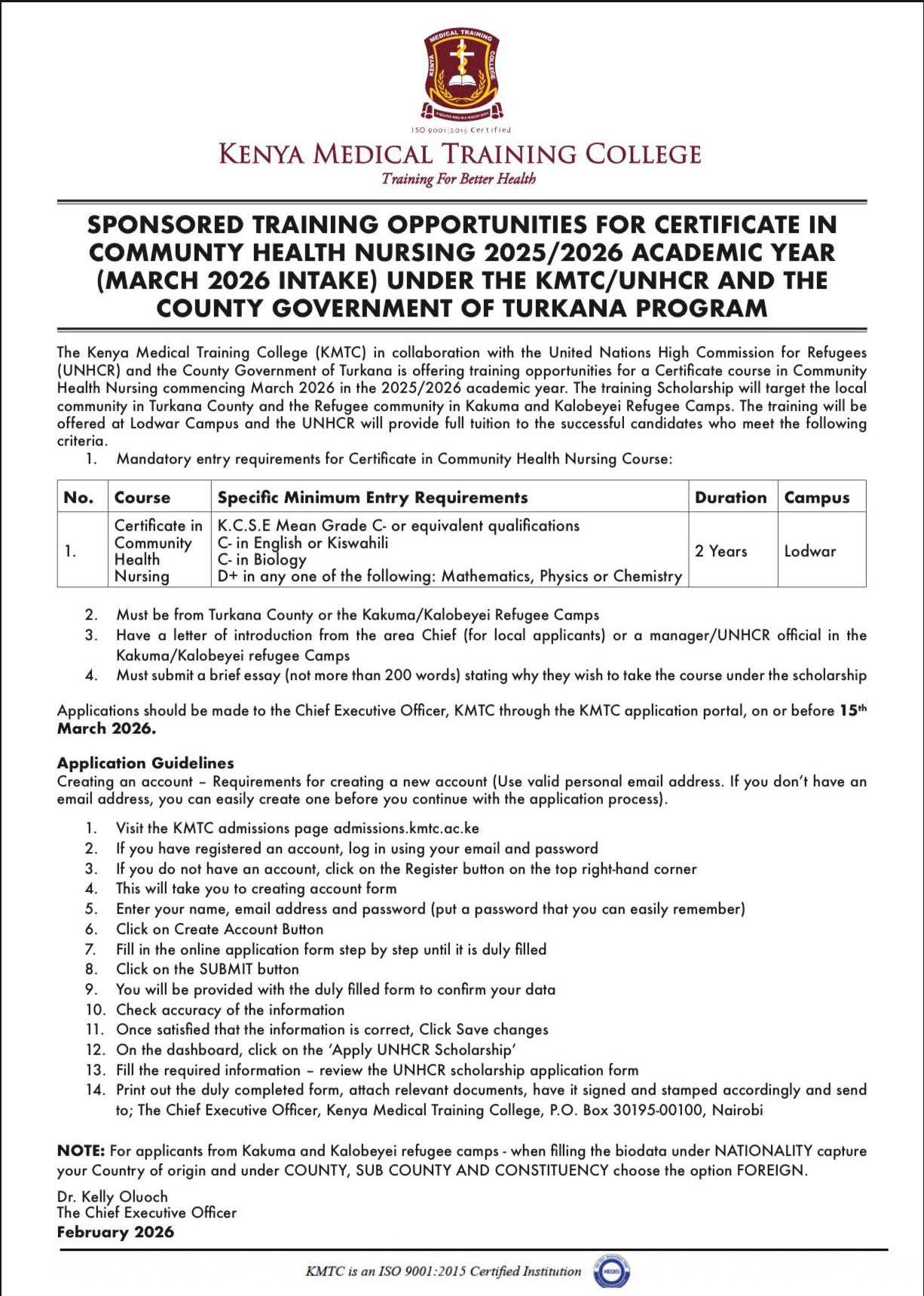 KMTC, in partnership with UNHCR and the Turkana County Government, is offering scholarship opportunities for a certificate course in Community Health Nursing.