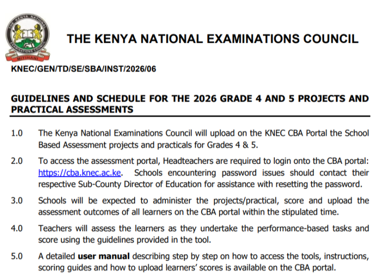 Knec official guide for 2026 Grade 4 and 5 projects and practical assessments