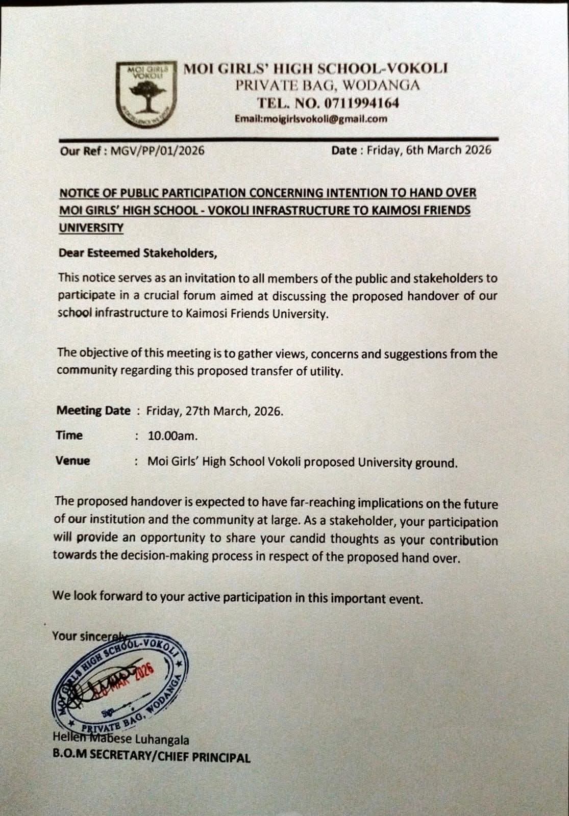 Public Notice: Members of the public and stakeholders are invited to attend a public participation forum on 27th March 2026 at 10:00 a.m. at Moi Girls’ High School Vokoli proposed university grounds to discuss the proposed handover of the school’s infrastructure to Kaimosi Friends University.