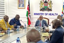 Health Cabinet Secretary Aden Duale (Centre) chairing a high-level meeting at the Ministry of Health. The meeting brought together the Social Health Authority, the Teachers Service Commission and the Kenya Union of Post-Primary Education Teachers' officials with the aim of aligning on the Mwalimu Comprehensive Medical Cover. The talks focused on constructive engagement and alignment on the way forward and aim to secure uninterrupted access to quality healthcare for teachers under the Social Health Insurance framework.