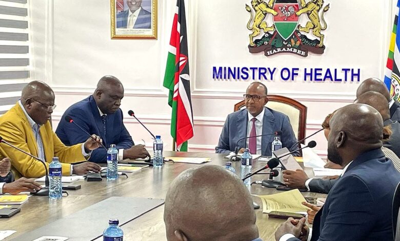 Health Cabinet Secretary Aden Duale (Centre) chairing a high-level meeting at the Ministry of Health. The meeting brought together the Social Health Authority, the Teachers Service Commission and the Kenya Union of Post-Primary Education Teachers' officials with the aim of aligning on the Mwalimu Comprehensive Medical Cover. The talks focused on constructive engagement and alignment on the way forward and aim to secure uninterrupted access to quality healthcare for teachers under the Social Health Insurance framework.