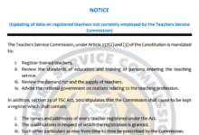 TSC Circular on Updating of data on registered teachers not currently employed by the Teachers Service Commission