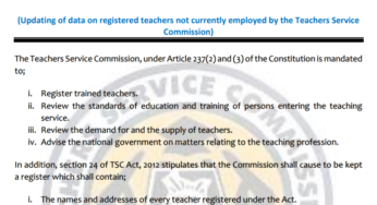 TSC Circular on Updating of data on registered teachers not currently employed by the Teachers Service Commission