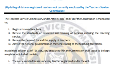 TSC Circular on Updating of data on registered teachers not currently employed by the Teachers Service Commission